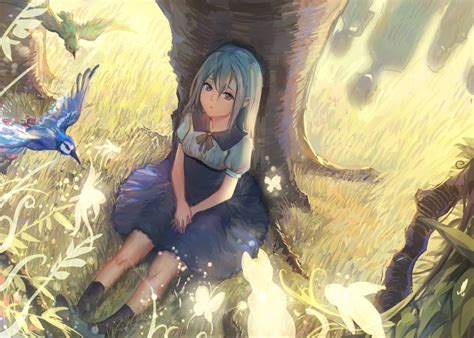 Anime Girls Birds Trees Original Characters Blue Hair Wallpaper