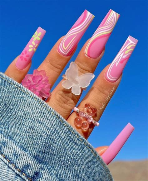 50 Trendy Pink Nails That Re Perfect For Spring Shades Of Pink And Yellow Nails With Swirly