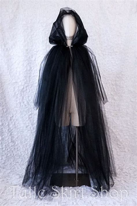 Long Tulle Cape With Hood Halloween Costume For Witch Ghost Spirit