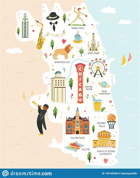 City Map Of Chicago With Landmarks And Symbols Vector Illustration