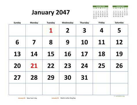 January 2047 Calendar With Extra Large Dates