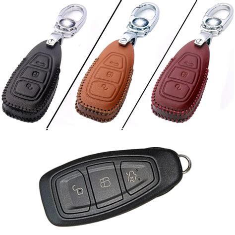 Genuine Pu Leather 3 Button Remote Key Bag Case Fob Holder Chain For