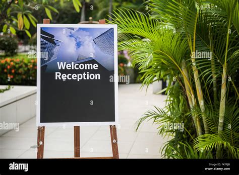Welcome Reception Sign Board On Wooden Stand Stock Photo Alamy