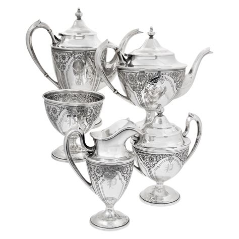 Sterling Silver 5 Pieces Teacoffee Set With Repousse Flowers Decor Ebay