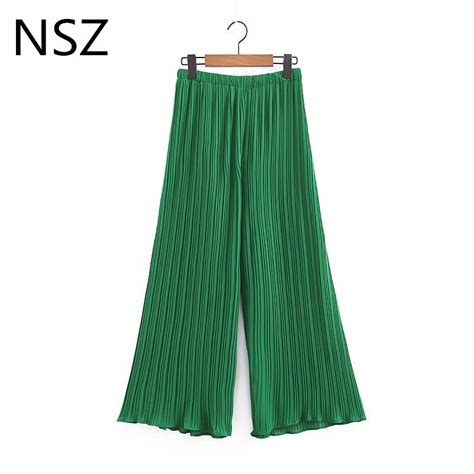 Nsz Women Green Pleated Wide Leg Pant Elastic Waist Loose Casual Summer