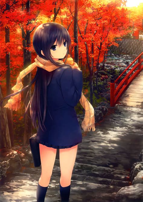 Safebooru 1girl Absurdres Autumn Blazer Blue Legwear Bridge Coffee Kizoku Forest From Behind