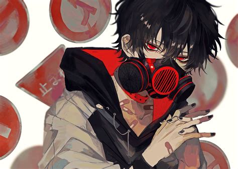 Download 2048x1464 Anime Boy Gas Mask Red Eyes Black Hair Hoodie
