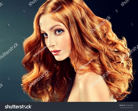 Beautiful Model Long Curly Red Hair Stock Photo 370330958