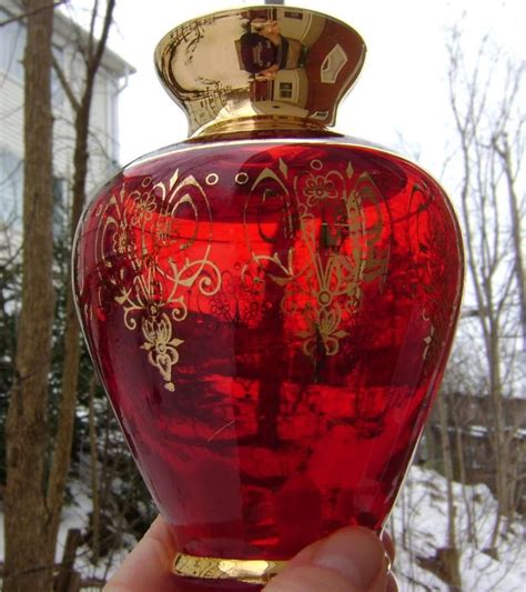 Vintage Vase Red Glass Gold Trim Scrolls Flowers Art Glass Etsy Art