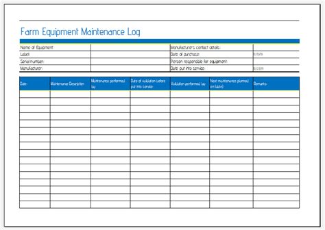 Farm Equipment Maintenance Sheet For Ms Excel Excel Templates