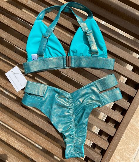 Metallic Teal Bikini Set Triangle Swimwear Holographic Thong Etsy