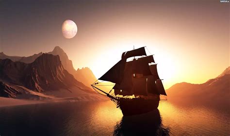 Statek Żaglowiec Góry Morze Zachód Słońca Księżyc