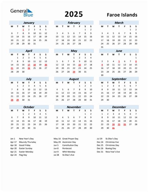 2025 Holiday Calendar For Faroe Islands Monday Start