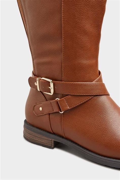Brown Faux Leather Buckle Knee High Boots In Wide E Fit And Extra Wide