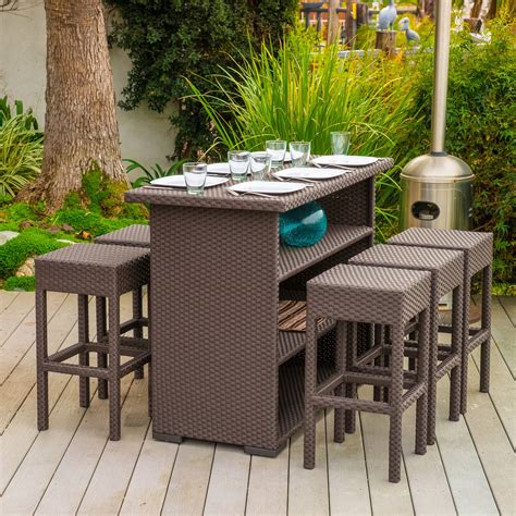 Deirdre Outdoor 7 Piece Wicker Bar Set Brown