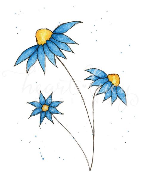 Blue Daisy Art Print Whimsical Wall Art Watercolor Flower Etsy