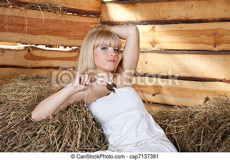 Pretty Girl On The Hay Loft Young Sexy Girl In White Dress Sit Near