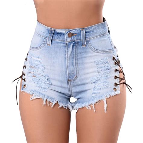 2019 Women Denim Shorts Lace Up High Waist Short Jeans Sexy Hollow Out