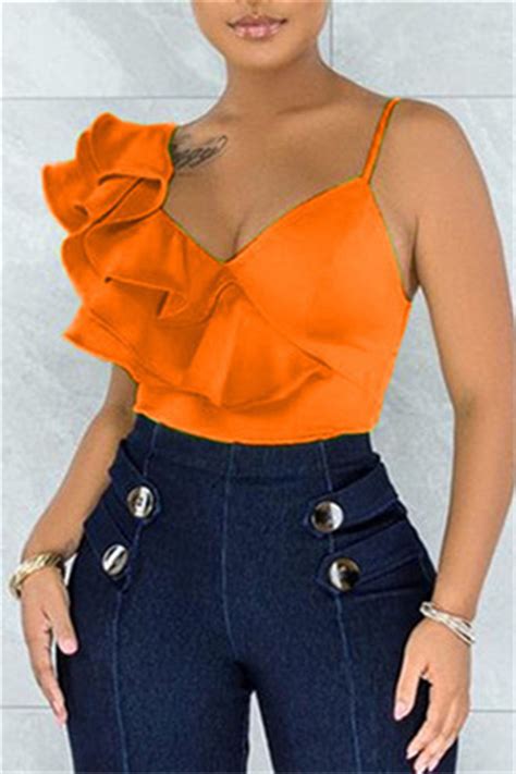 Orange Sexy Casual Solid Patchwork V Neck Topstank Tops And Camis