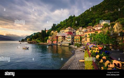Sunset Over The Beautiful Town Of Varenna Lake Como Lombardy Italy