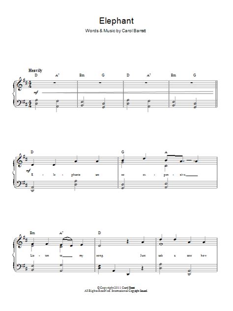 Printable sheet music file, 1 copy • 5 pages, id: Elephant Sheet Music | Carol Barratt | Piano & Vocal