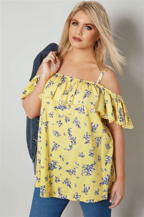 Yellow Butterfly Print Frilled Bardot Top Plus Size 16 To 36