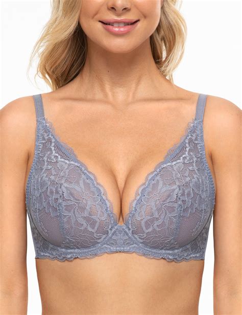 Deyllo Womens Sexy Lace Bra Non Padded Underwire See Through Unlined Bra Mesh Sheer Plunge Low