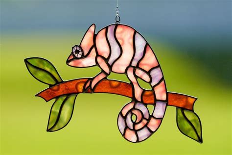 Pink Chameleon Stained Glass Chameleon Suncatcher Stain Glass Pink And Purple Chameleon Orn
