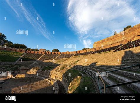 Ancient Greek And Roman Theater At Sunset In Taormina Town Messina
