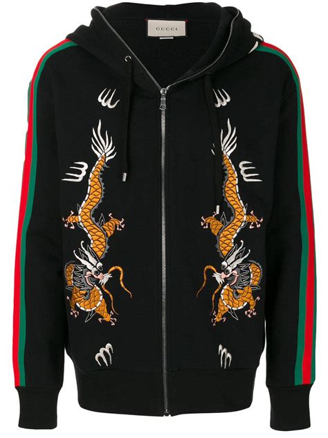 Gucci Cotton Dragon Embroidered Zip Hoodie In Black For Men Lyst