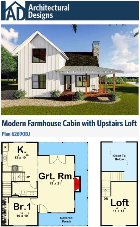 Plan 62690dj Modern Farmhouse Cabin With Upstairs Loft Tiny Houses