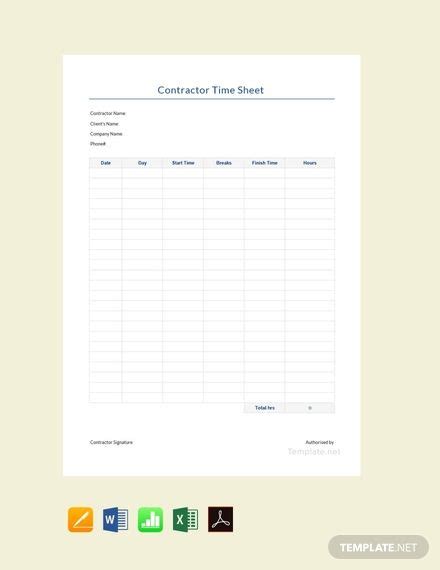 Free Sample Contractor Timesheet Timesheet Template Templates Word Doc