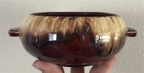 Planter Roseville Ohio Rrp Co Brown Drip Glaze Double Handle Bowl Dish