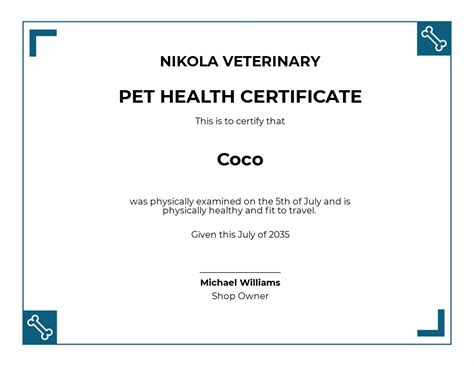 Printable Pet Health Certificate