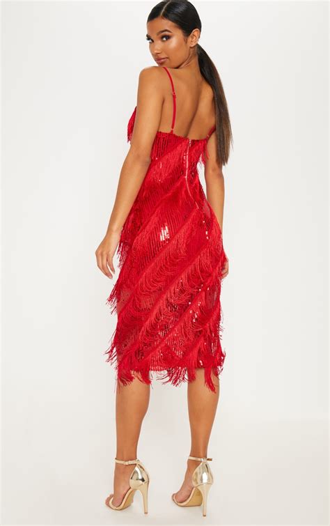 Red Sequin Tassel Strappy Midi Dress Prettylittlething Ca