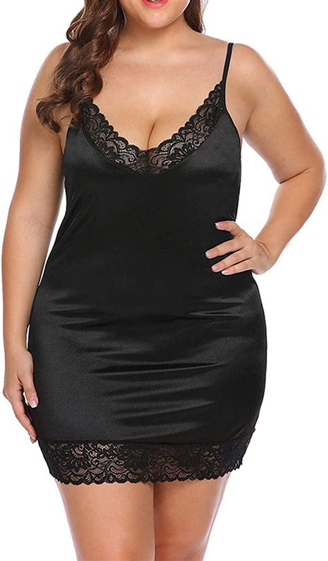 Okwin Womens Plus Size Intimate Full Satin Sexy Lingerie Lace Trim Nightie Strechy Lingerie