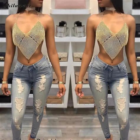 Sexy Rhinestone Halter Summer Party Crop Tops Metal Chain Hollow Out Nightclub Tanks Backless