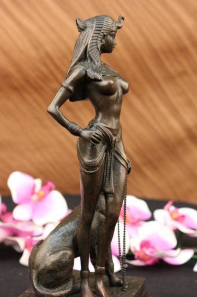Nude Egyptian Princess W Lion Bronze Statue Art Deco Sculpture Figurine