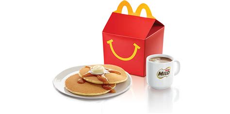A toy is typically included with the food, both of which are usually contained in a box with the mcdonald's logo. Happy Meal®: 2pc Hotcakes™ | I'm lovin' it! McDonald's ...