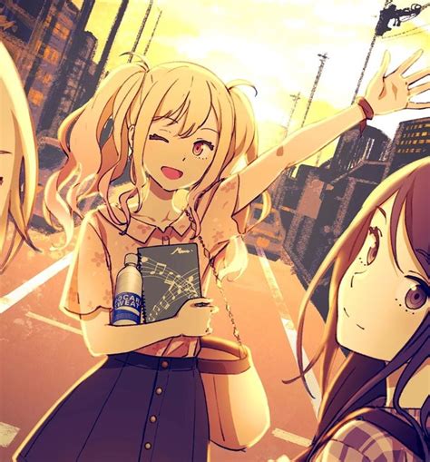 Three Anime Girls Standing In The Middle Of A Street With Their Arms Up