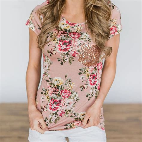 Women Floral Print Shirt Summer Short Sleeve Plus Size Shirts Pocket