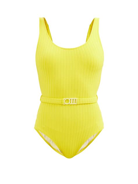 Yellow The Anne Marie Belted Ribbed Swimsuit Solid And Striped