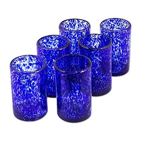 Novica Artisan Crafted Clear Blue Hand Blown Recycled Glass Tumbler Glasses 14 0z Marine