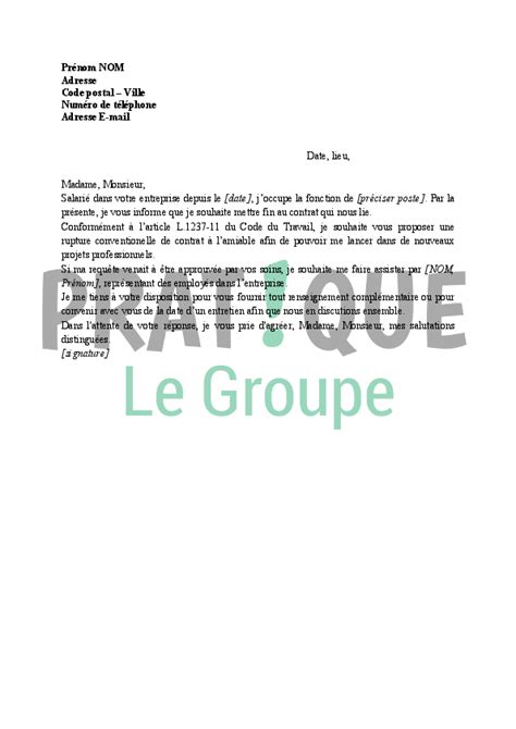 Lettre Rupture Conventionnelle Du Contrat De Travail Lettre Rupture