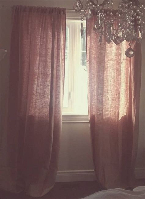 Vintage Dusty Rose And Beige Linen Printed Curtain Rod Pocket Drape