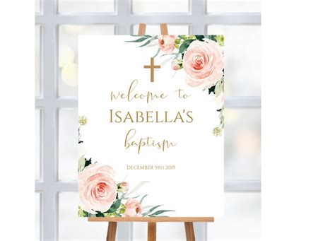 Baptism Welcome Sign Girl Baptism With Blush Pink Roses Editable
