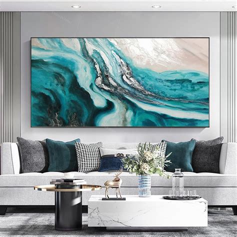 Abstract Painting Teal Canvas Wall Art For Living Room Wall Etsy