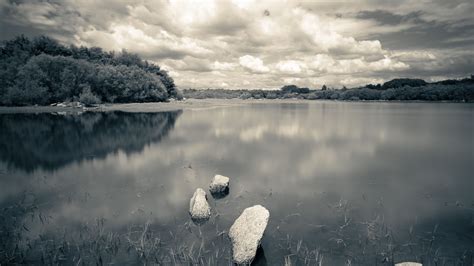 River Stones Clouds Landscape Black And White Wallpaper Widescreen