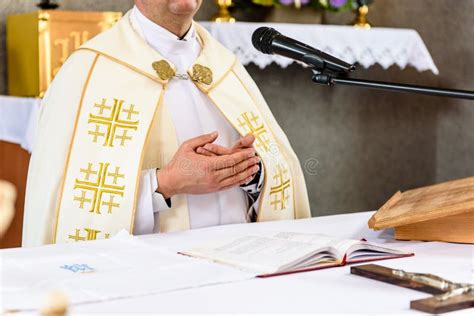 Christian Priest Standing By The Altar Stock Photo Image Of Religion