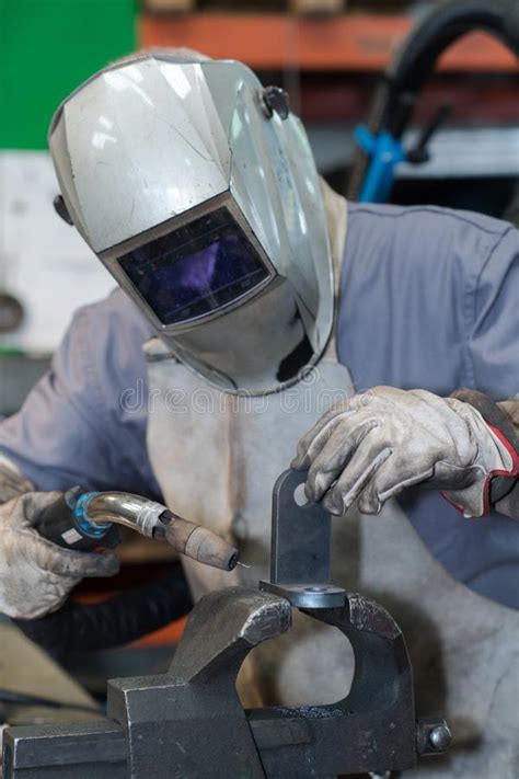 Welder In Mask Welding Metal And Sparks Metal Close Stock Image Image Of Construction Mask